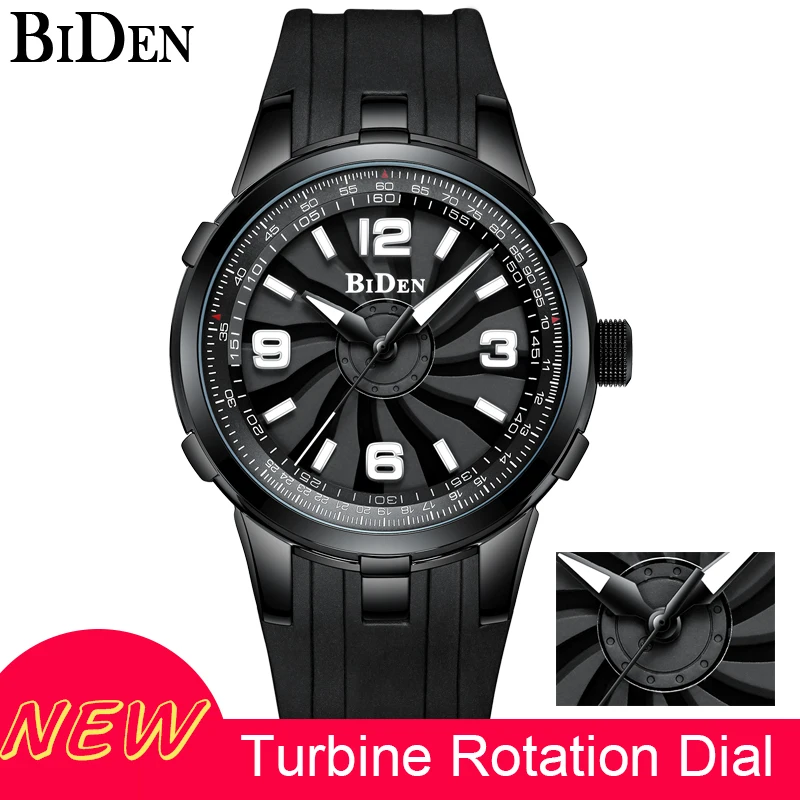 

Fashion Mens Sport Watches Black Steel Creative Turbine Rotation Dial Waterproof Military Luxury Top Brand Quartz Wristwatch Men