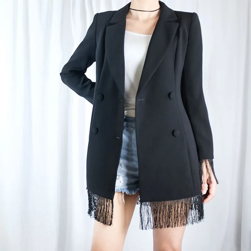 Новинка 2018 года осень для женщин V образным вырезом тонкая куртка сплошной черный двубортный Куртки-блейзеры с длинным рукавом кисточкой