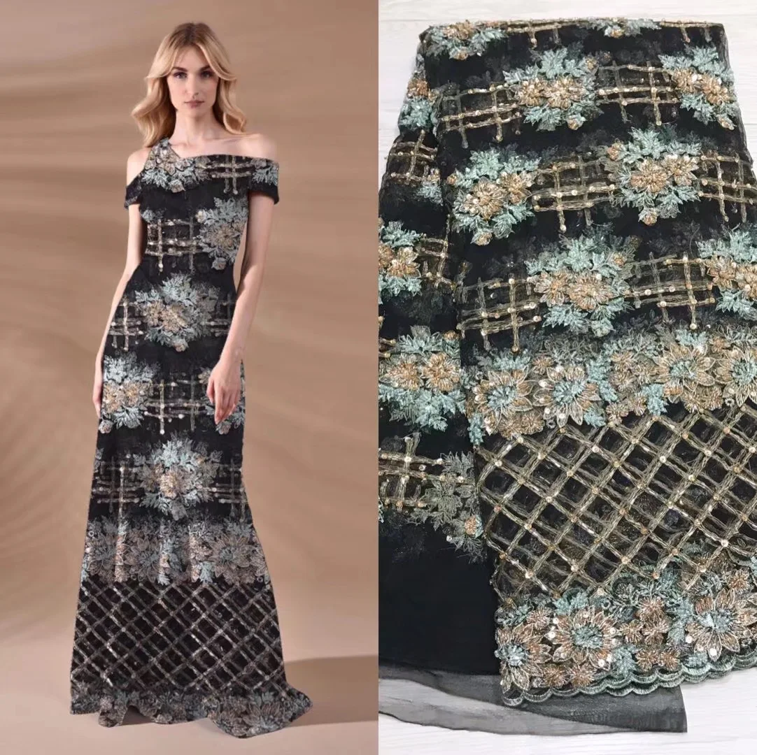 

Beautifical african lace fabrics New design Handmade beaded net lace fabric with sequins french lace for dress 5yards ML5N562