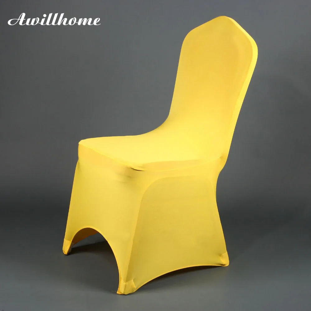 Awillhome shipping free by 100PCS good quallity lycra yellow spandex chair covers for wedding