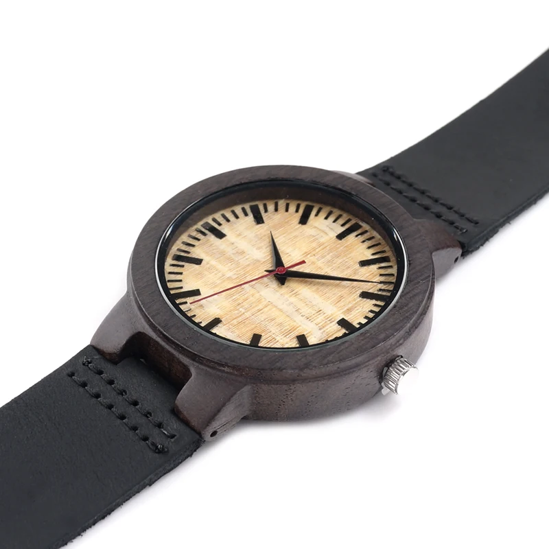BOBO BIRD V-C23 Mens Quartz Wristwatches Handmade Wooden Watch Red Color Second Black Leather Strap In Gift Box Relojes Hombre