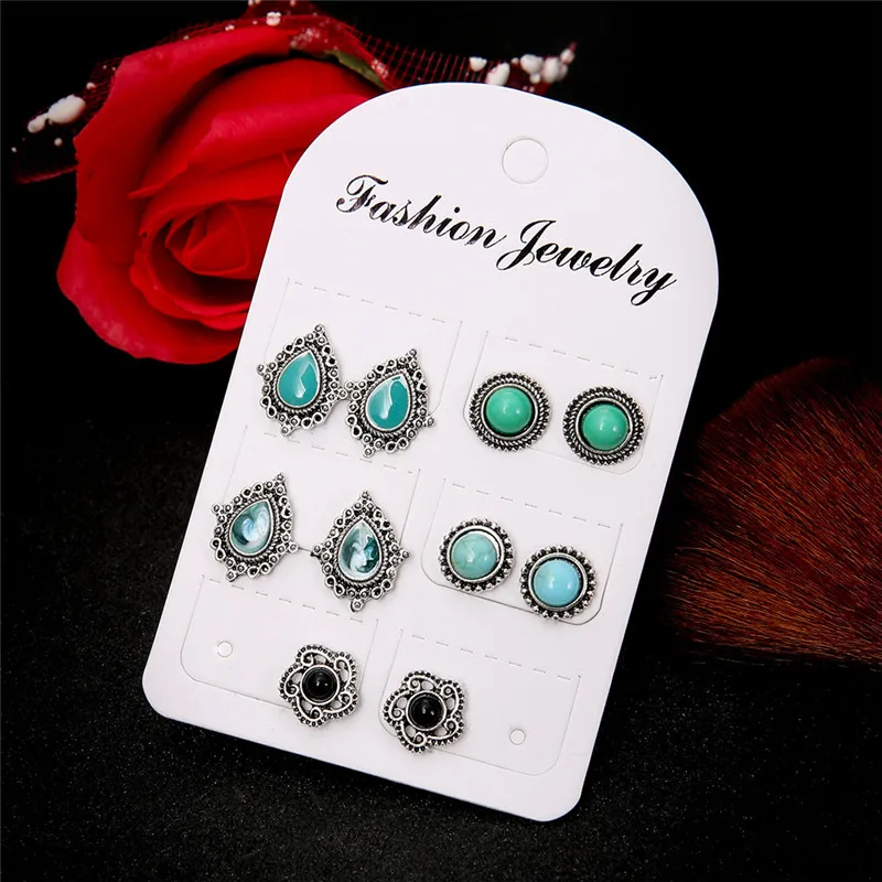 Modyle 5sets/lot Hot Sale Bohemia Stud Earrings Set for Woman Crystal Fashion Flower Wedding Jewelry