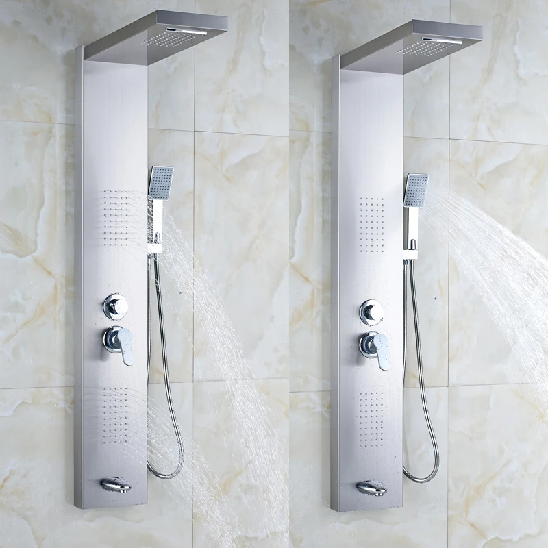 Brushed-Nickel-Single-Handle-Bath-Shower-Column-Body-Sprayer-System-Hot-and-Cold-Shower-Faucet-Taps 