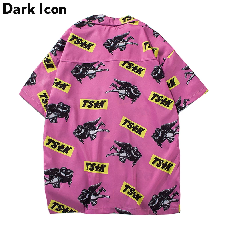 Turn-down Collar Hawaii Style Men's Shirts 2018 Summer Pink Gun Full Printing Casual Shirt Men