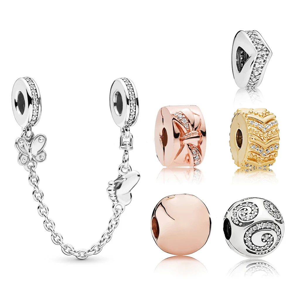 

925 Sterling Silver Glow Elegant Desire Clip Subiu Clipe Shining Arc Spacer Decorative Butterflies Security Chain
