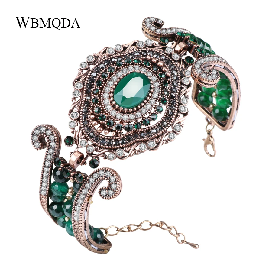 Wbmqda, роскошный винтажный широкий браслет, зеленый натуральный камень, Кристальные бусины, браслеты для женщин, античное золото, массивное, турецкое ювелирное изделие