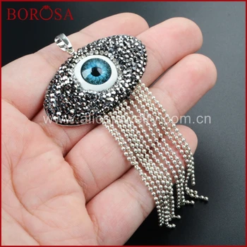 

BOROSA druzy tassel charm, eye pendant beads with blue resin eye silver plated tassel pendants jewelry for women JAB414