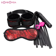4pcs/set Flirting BDSM Bondage SM Adult Games Handcuffs Eye Mask Spanking Sex Whip Anal Plug Prostate Massager Erotic Sex Toys