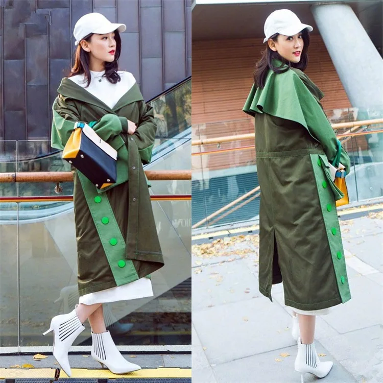 New Spring 2019 Chen Jon Star's Olive Green Knee-Crossing Windswear with Long Loose Fashion Outerwear Clothes Long Coat Women