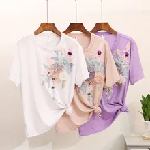 Новая тяжелая промышленная Цветочная вышитая стереоскопическая яркая шелковая футболка с коротким рукавом женские свободные топы рубашки