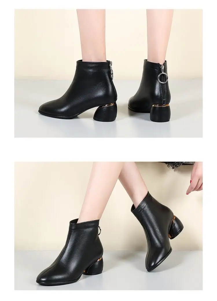 Черные ботильоны; женские осенние ботинки из мягкой кожи; ботинки «Челси» на толстом среднем каблуке 5 см; женская короткая плюшевая обувь из искусственной кожи на молнии