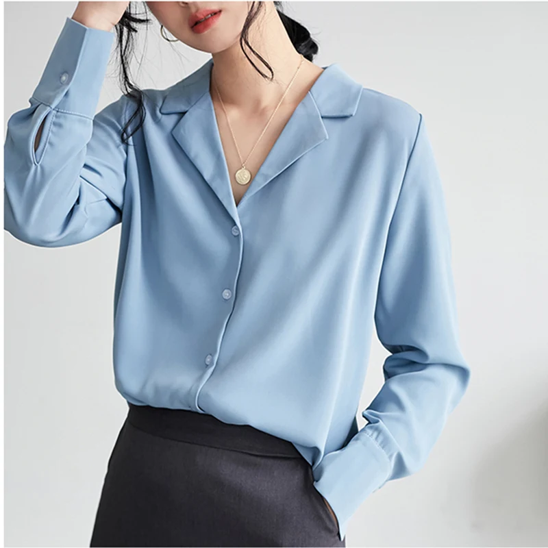 

Office Work Chiffon Blouse Women Long Sleeve Notched Collar Shirt Female Blue White Ladies Blusas Casual Tops Hight Quality 2019