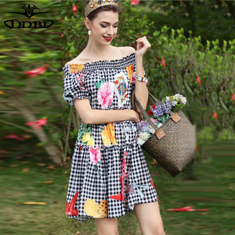 slash neck dress plaid dresses white black plaid designer runway dress high quality 2018 20180516