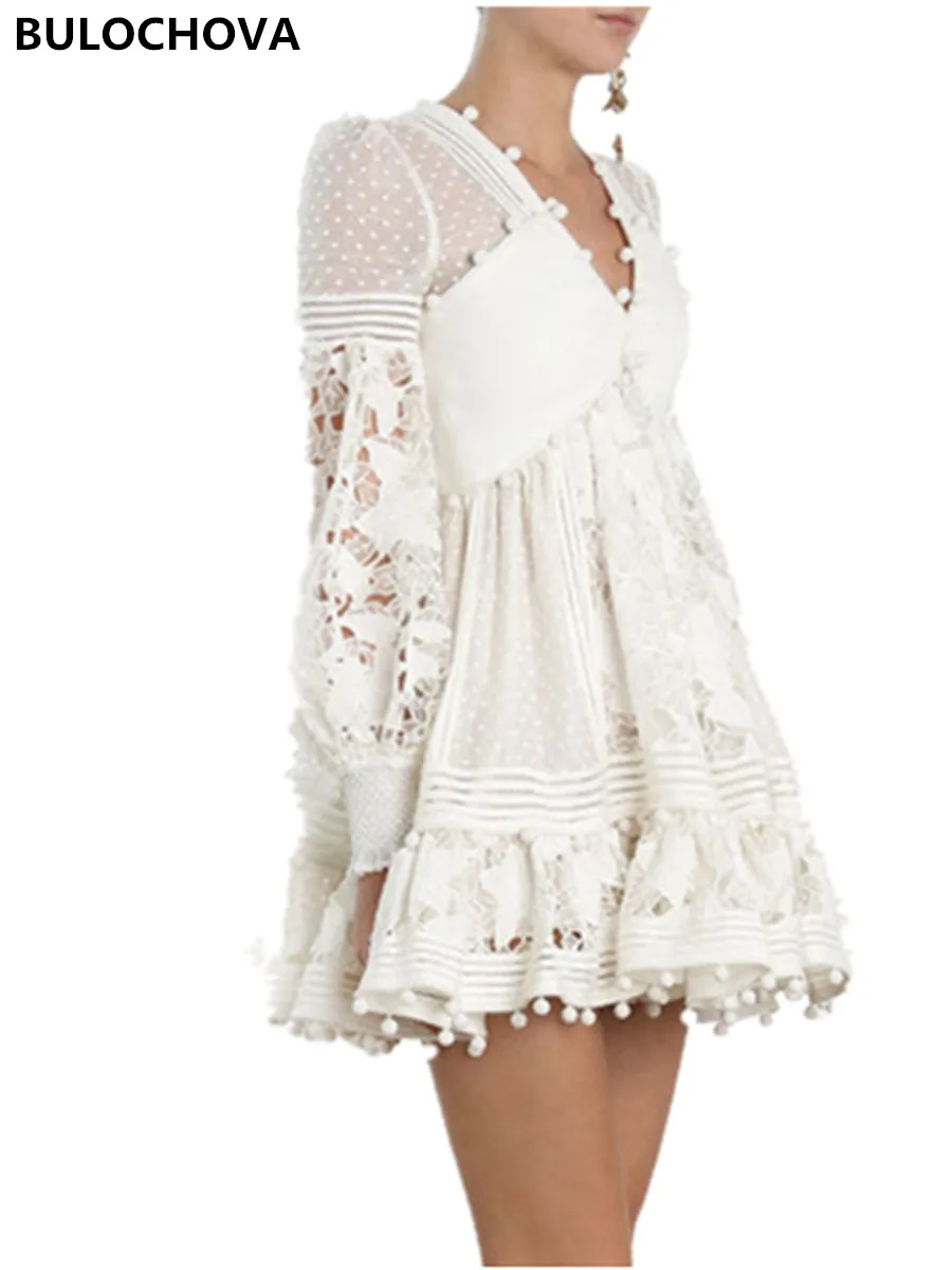 

High-end Design 2019 Spring Newest Woman Fashion White V Neck Puff Sleeve Party Mini Dresses Women Lace Embroidery Holiday Dress