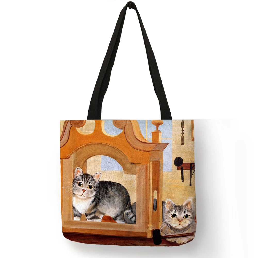 Эко льняная многоразовая сумка для покупок с масляной кошкой женская модная сумка-тоут сумки студенческие дорожные школьные сумки - Цвет: 007