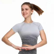 Для женщин спортивный топ бесшовные спортивная, с коротким рукавом спортивный Топ Спортивная одежда Ombre Йога футболка Фитнес тренажерный зал, спортивные топы Спортивные