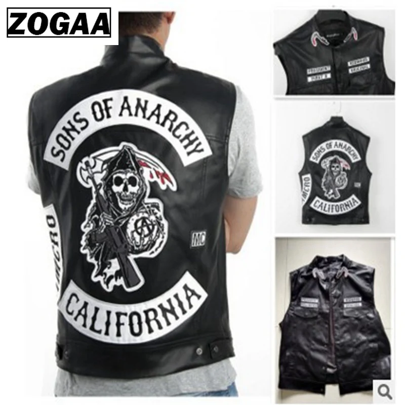 

Free shipping Sons Of Anarchy Embroidery Leather Rock Punk Vest Cosplay costume Black Color Harley Motorcycle sleeveless Jacket