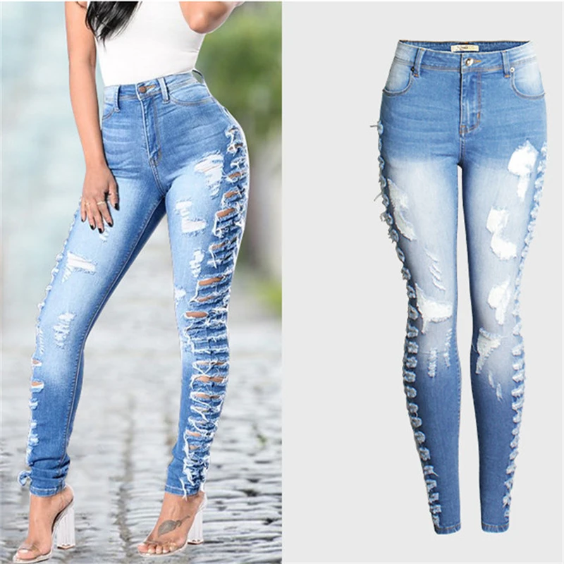 

fashion streetwear skinny pencil pants Side hole ripped jeans for women mid high waist jeans woman Bleached sky blue plus size