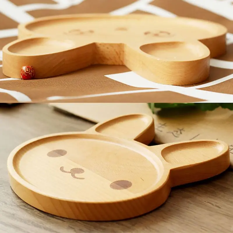 Kitchen Table Decor Accessories Wooden Cartoon Rabbit Bunny Face Pattern Food Tray Children Cute Animals Snack Dish for Kids