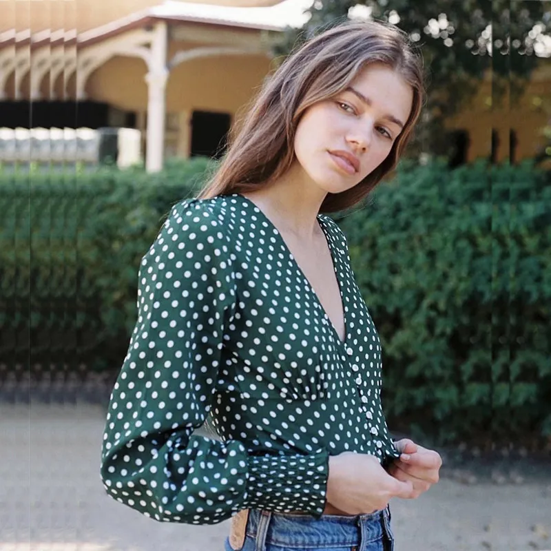 yinlinhe Green Polka Dot Women Blouse Long Sleeve V neck Sexy Crop Summer Tops Button Shirts Elegant Ruffles Clothing 4