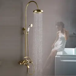 Роскошный Золотой Настенные твердой латуни Для ванной осадков набор для душа ванна кран + 8 дюйма топ Showerhead + ручной спрей Золото