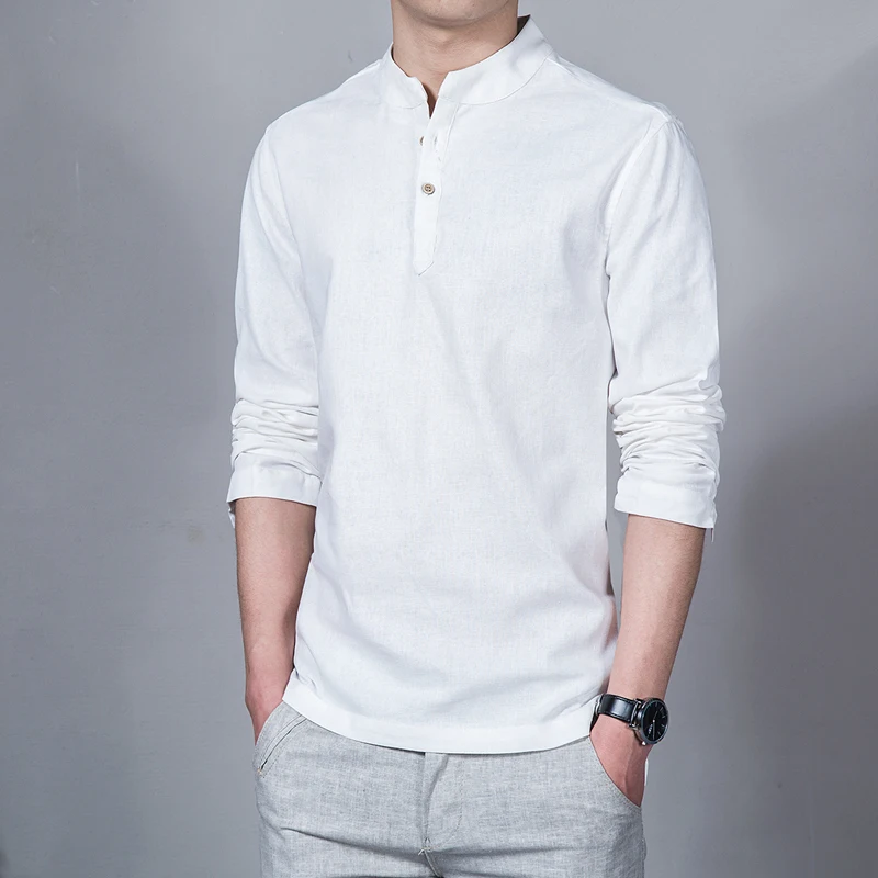 

2017 spring summer Men's Linen Cotton Blended Shirt Mandarin Collar Breathable Comfy Traditional Chinese Style Popover Henley