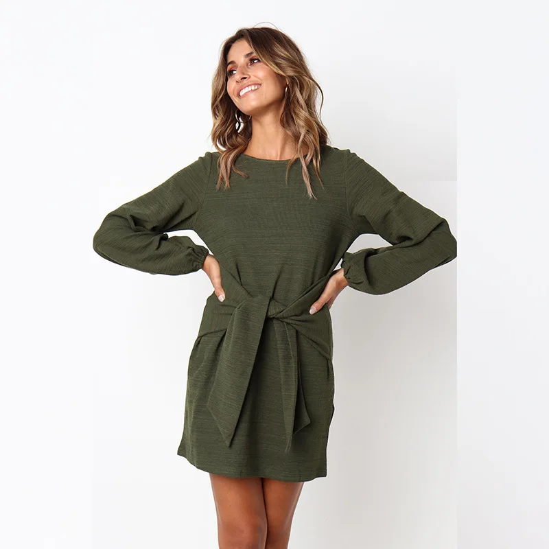 

2019 Spring summer dress Fashion Women Casual Loose Elegant Dress Long Sleeve O-neck Sexy Black White Dress With Belt -41