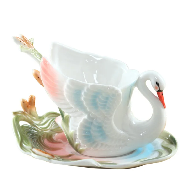 

3D Colored Enamel Coffee Mug Cup Set Porcelain Swan Tea Milk Copo China Bone Creative Drinkware Friend Wedding Gift