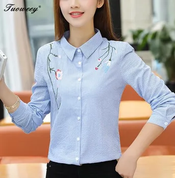 

Long Sleeve Women Blouses And Shirts Autumn flower Embroidery Female Ladies Casual Shirt Tops Striped Plus Size Blusas Blouse
