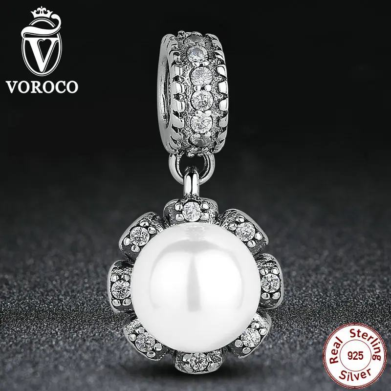 Sterling Silver 925 Everlasting Grace White Freshwater Cultured Pearl Clear CZ Charms Fit Pandora Bracelet DIY