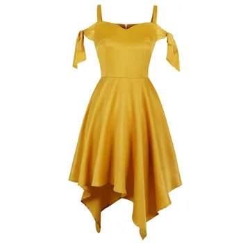 

Summer Women Asymmetric Midi Clothes Elegant Sexy Yellow Vintage Ol Ladies Aline Solid Lace Up Female Mode Retro Dress