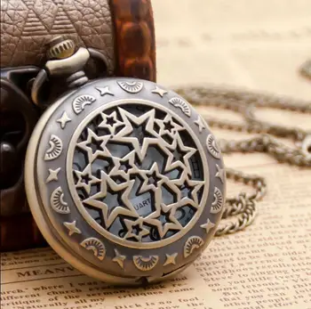 

Vintage quartz Bronze antiques Hollow out stars necklace woman and man gift pocket watches P030 45mm