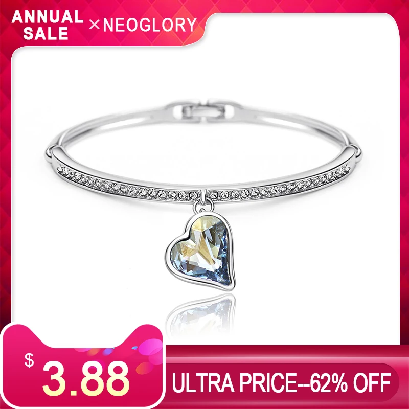 Neoglory Austria Crystal & Rhinestone Charm Bangle Alloy Plated Romantic Heart Design Glaring Style Bracelet For Classic