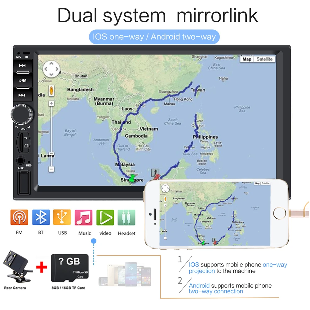 

2 Din 7" Touch Screen Autoradio Carplay Central Multimedia MP5 Player with Mirror Link USB TF Card AUX FM Support Back up Camera