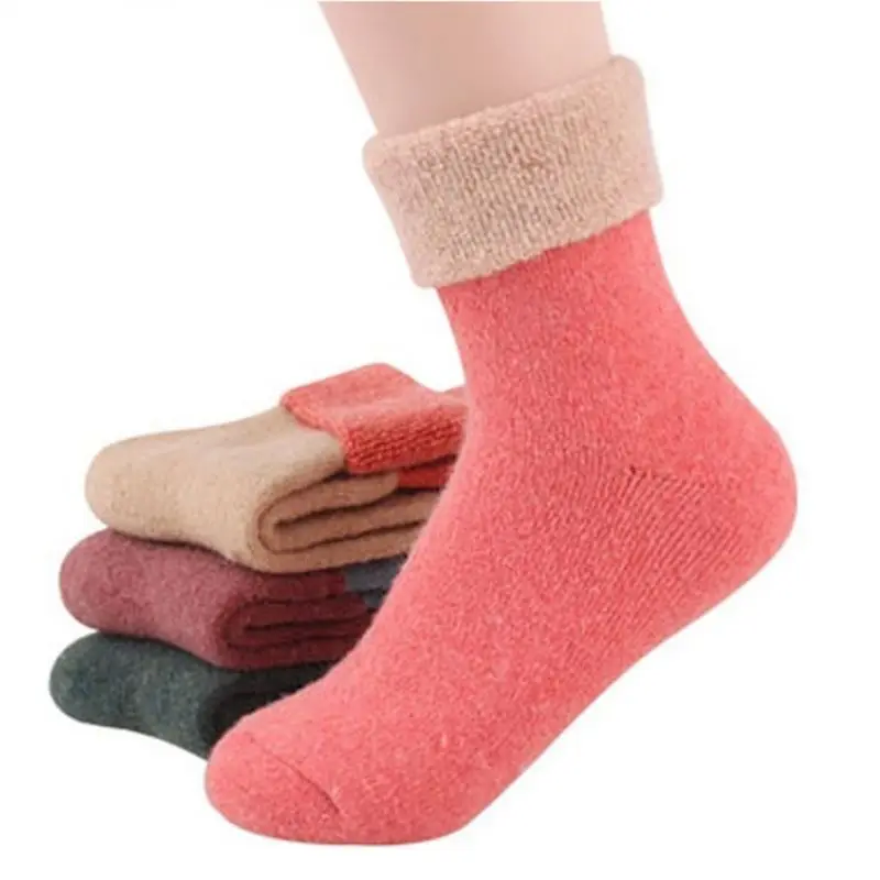 Зимние теплые утолщенные Носки из искусственного меха кролика для женщин и девочек, длинные носки-тапочки до середины икры с манжетами, яркие контрастные цвета, размеры 35-39