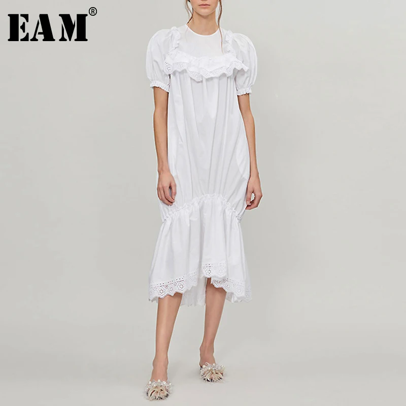 

[EAM] 2019 New Spring Summer Round Neck Short Sleeve White Lace Ruffles Split Joint Temperament Dress Women Fashion Tide JW634