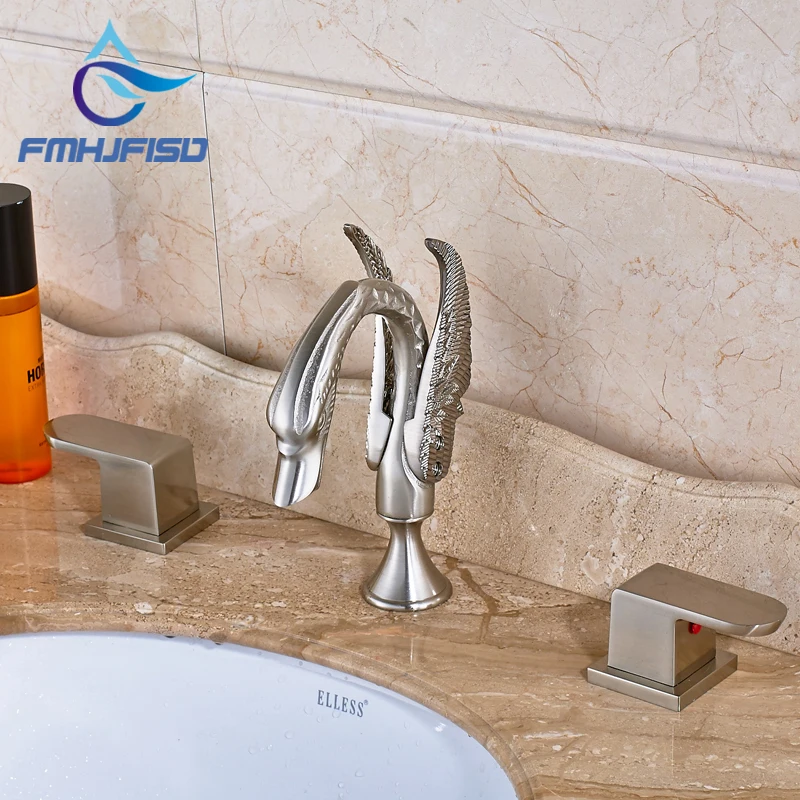 

Promotion Swan Shaped Spout High Quality Brushed Nickel Two Handles Three Holes Bathroom Faucet