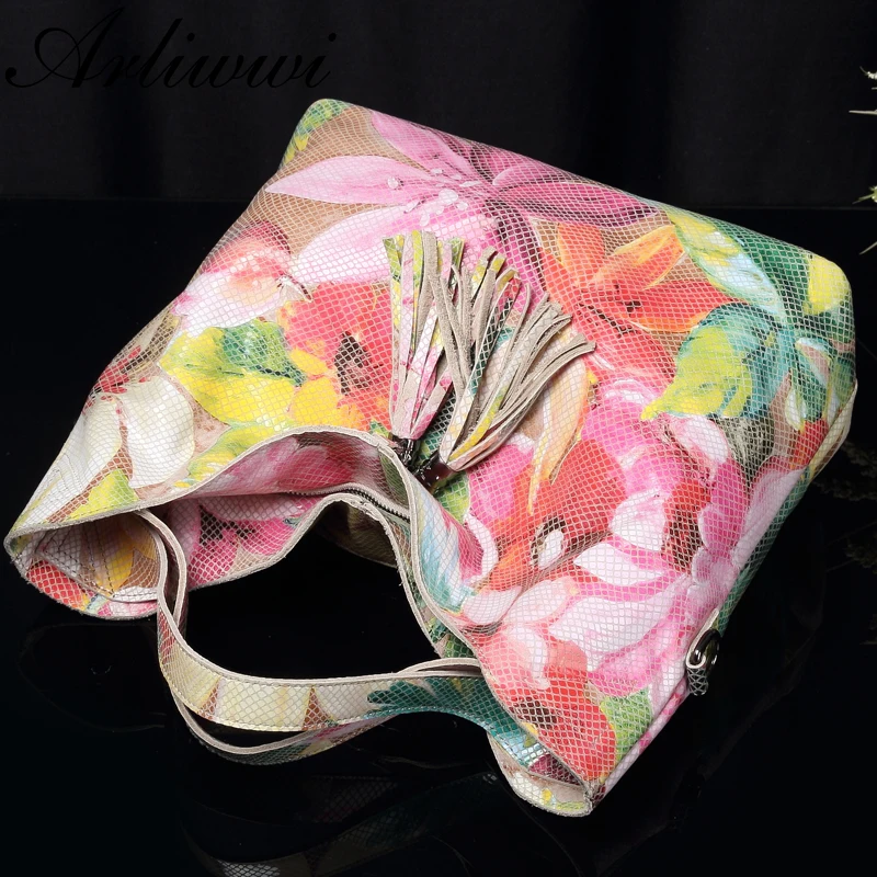 Arliwwi Brand Female Real Leather Shiny Flower Summer Women Tote Handbags New Lily Floral Lady Embossed Genuine Leather Bags