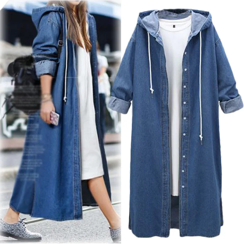 

New Autumn Winter Demin Coat Women 2018 Fashion Casual Long Jeans Hooded Trench Plus Size Outwear Tops Long Sleeve Gift