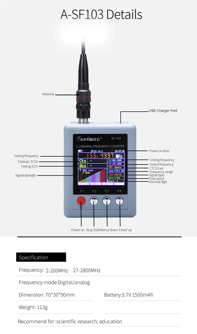 ANYSECU Портативный счетчик частоты SF-103 иди и болтай Walkie Talkie “иди и частотомер 2Gen 2 МГц~ 2,8 ГГц SF103 для DMR и аналоговый двухстороннее радио