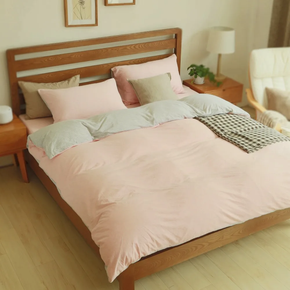 Pink and Grey Striped Bed Cover Set Knitted Cotton Duvet Queen Cover