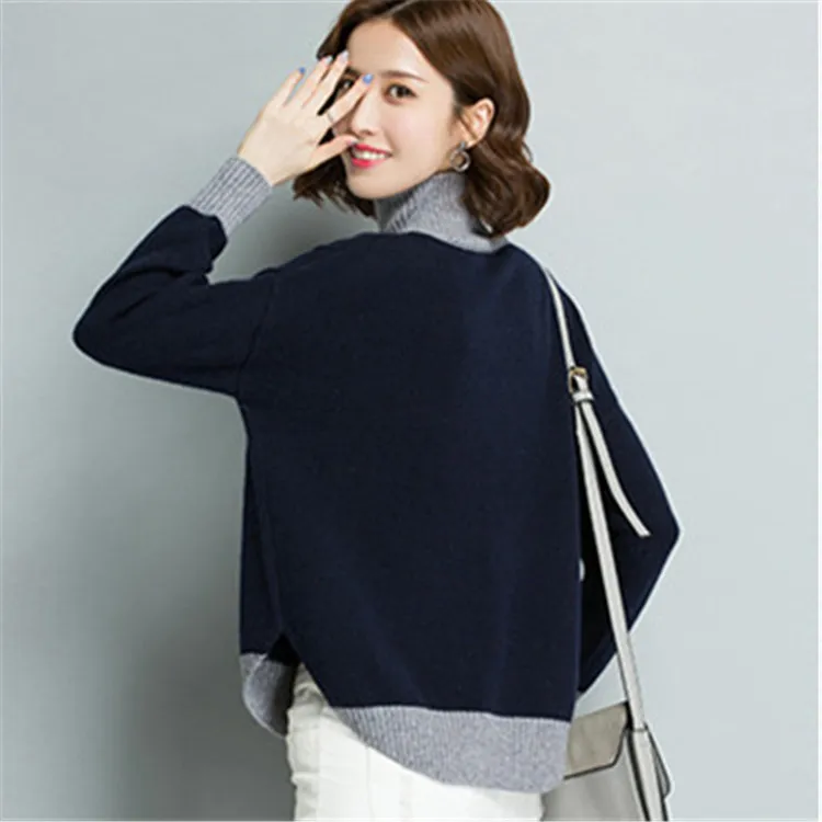 Dunkelblau Rollkragenpullover Kontrastfarbe Lose Grau Gestrickte Pulloverrmel L Pullover 2M 100Kaschmir SchwarzDunkelblau Ziegen Damen Fledermaus nPvmN0wy8O