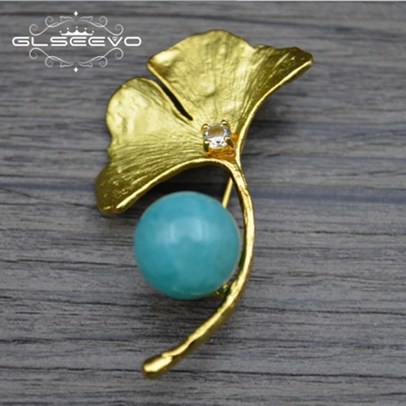 GLSEEVO 925 Sterling Silver Natural Amazonite Ginkgo Biloba Brooch Pins Brooches For Women Dual Use Luxury Fine Jewelry GO0270 GLSEEVO 925 Sterling Silver Natural Amazonite Ginkgo Biloba Brooch Pins Brooches For Women Dual Use Luxury Fine Jewelry GO0270