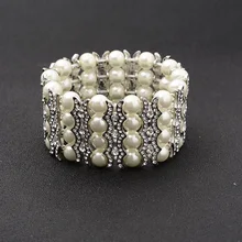 SLBRIDAL великолепные Винтаж Серебро чистая кристальная Свадебная браслет стразами и жемчугом свадебные Стретч браслет подружки невесты браслет