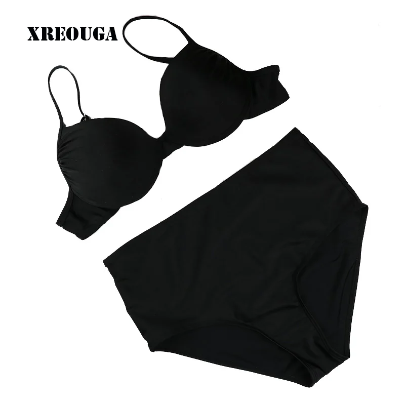 

XREOUGA New retro black swimsuit push up high waist bikini set sexy women swimwear high waist bathing suits biquni BKSJ01