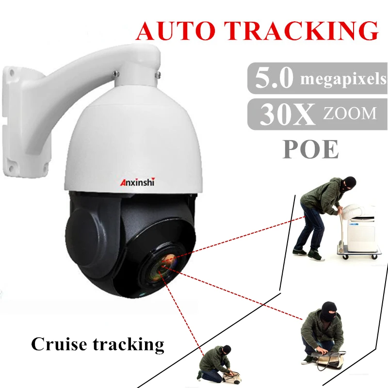 

IP66 Outdoor CCTV Auto Tracking IP PTZ Camera High Speed Dome 5mp H.265 IP Camera 30X ZOOM P2P IR motion detection Onvif POE