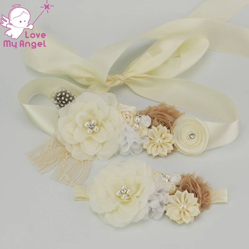 2pcs/set Floral girl sash ivory beige silk flower sash Maternity prop