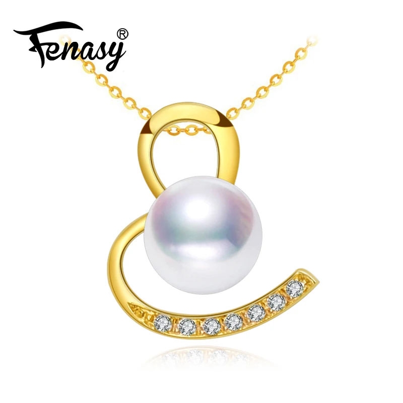 FENASY 18K Gold round pearl pendant necklace for women,fine Jewelry 18k