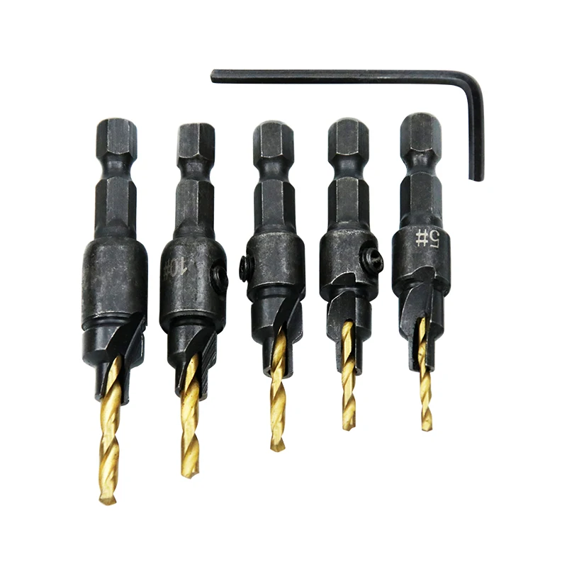 5pcs Countersink Drill Woodworking Drill Bit Set Drilling Pilot Holes For Screw Sizes #5 #6 #8 #10 #12