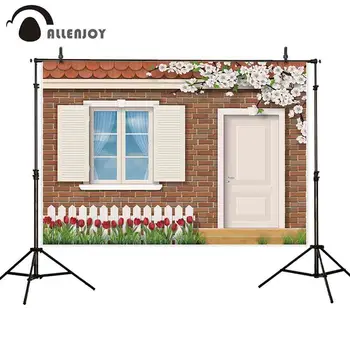 

Allenjoy photo background cartoon brick rose white wooden door window watt fence spring cute child baby backdrop photography